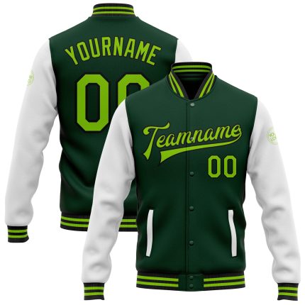Customizable Green and Black Neon Varsity Letterman Jacket with Team Name and Number - Full-Snap Bomber Style Personalized