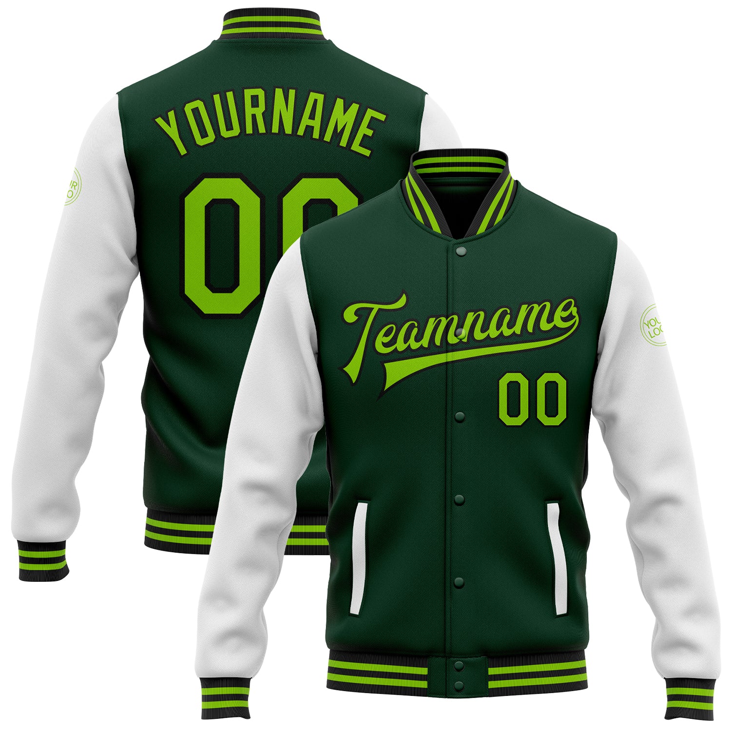 Customizable Green and Black Neon Varsity Letterman Jacket with Team Name and Number - Full-Snap Bomber Style Personalized