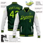 Customizable Green and Black Neon Varsity Letterman Jacket with Team Name and Number - Full-Snap Bomber Style Personalized