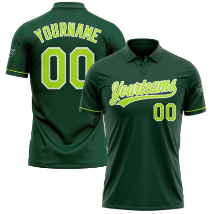 Custom Neon Green Performance Golf Polo Shirt with Name & Number - Personalized Team Apparel Personalized Green Neon Green-White
