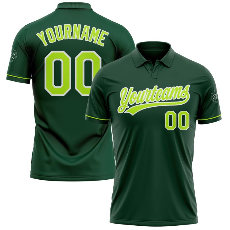 Custom Neon Green Performance Golf Polo Shirt with Name & Number - Personalized Team Apparel Personalized Green Neon Green-White