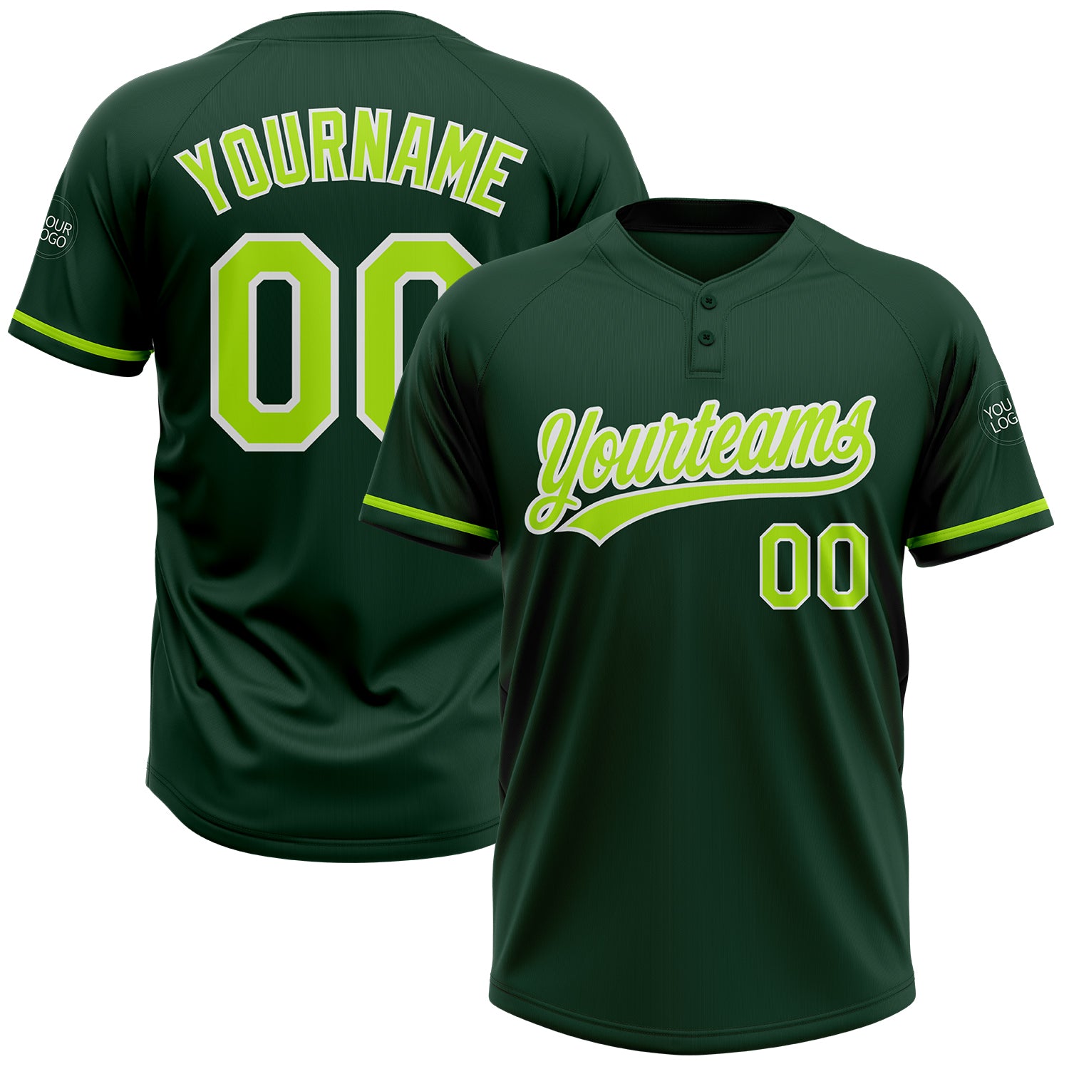 Custom Name Number Unisex Softball Jersey Green Neon Two-Button Design - Personalized Team Apparel Personalized Green Neon