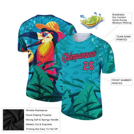 Personalized Tropical Hawaii Pelican Performance T-Shirt with Custom Name & Number - Green Pink Black 3D Pattern Design Personalized