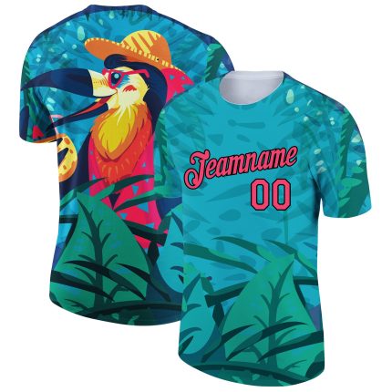 Personalized Tropical Hawaii Pelican Performance T-Shirt with Custom Name & Number - Green Pink Black 3D Pattern Design Personalized