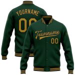 Custom Name Number Old Gold-Black Bomber Varsity Letterman Jacket Personalized Green Full-Snap Team Jacket Personalized Green