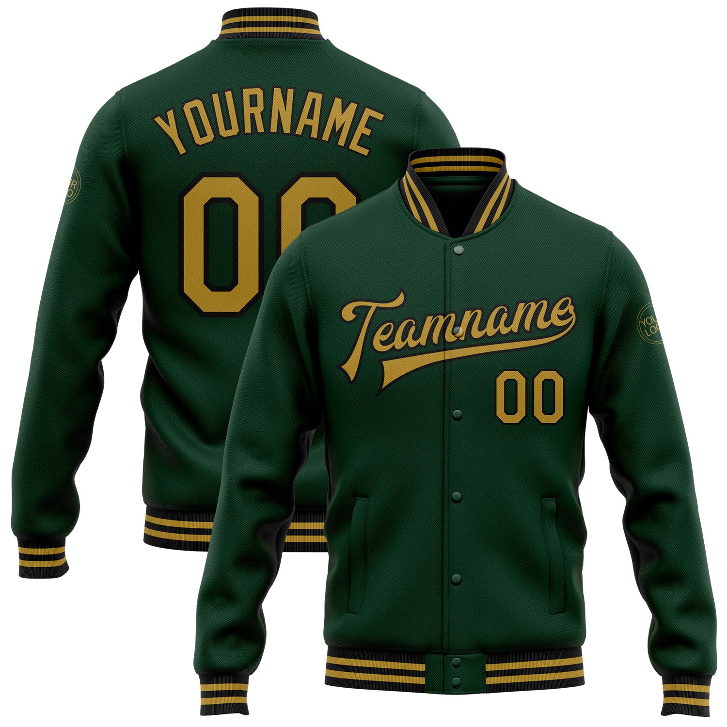 Custom Name Number Old Gold-Black Bomber Varsity Letterman Jacket Personalized Green Full-Snap Team Jacket Personalized Green