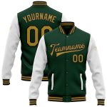 Personalized Two Tone Varsity Letterman Jacket Green Gold Black Full-Snap Bomber Personalized Green Old Gold-Black Bomber