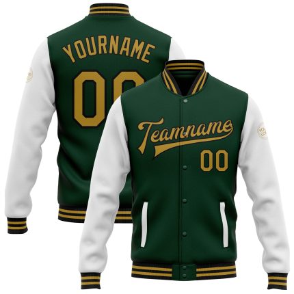 Personalized Two Tone Varsity Letterman Jacket Green Gold Black Full-Snap Bomber Personalized Green Old Gold-Black Bomber