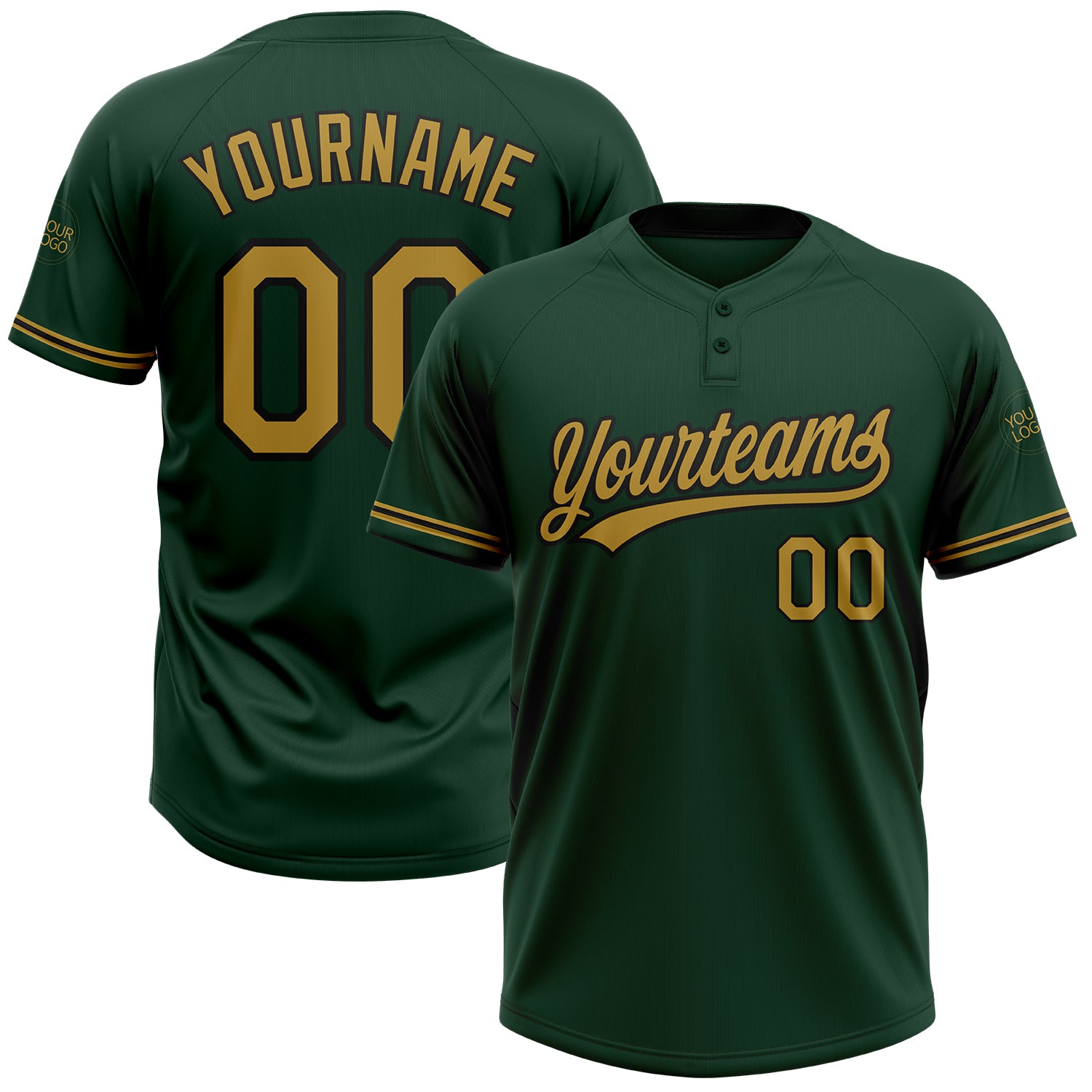 Custom Name Number Unisex Softball Jersey - Personalized Green Gold Black Two-Button Team Apparel Personalized Green Old