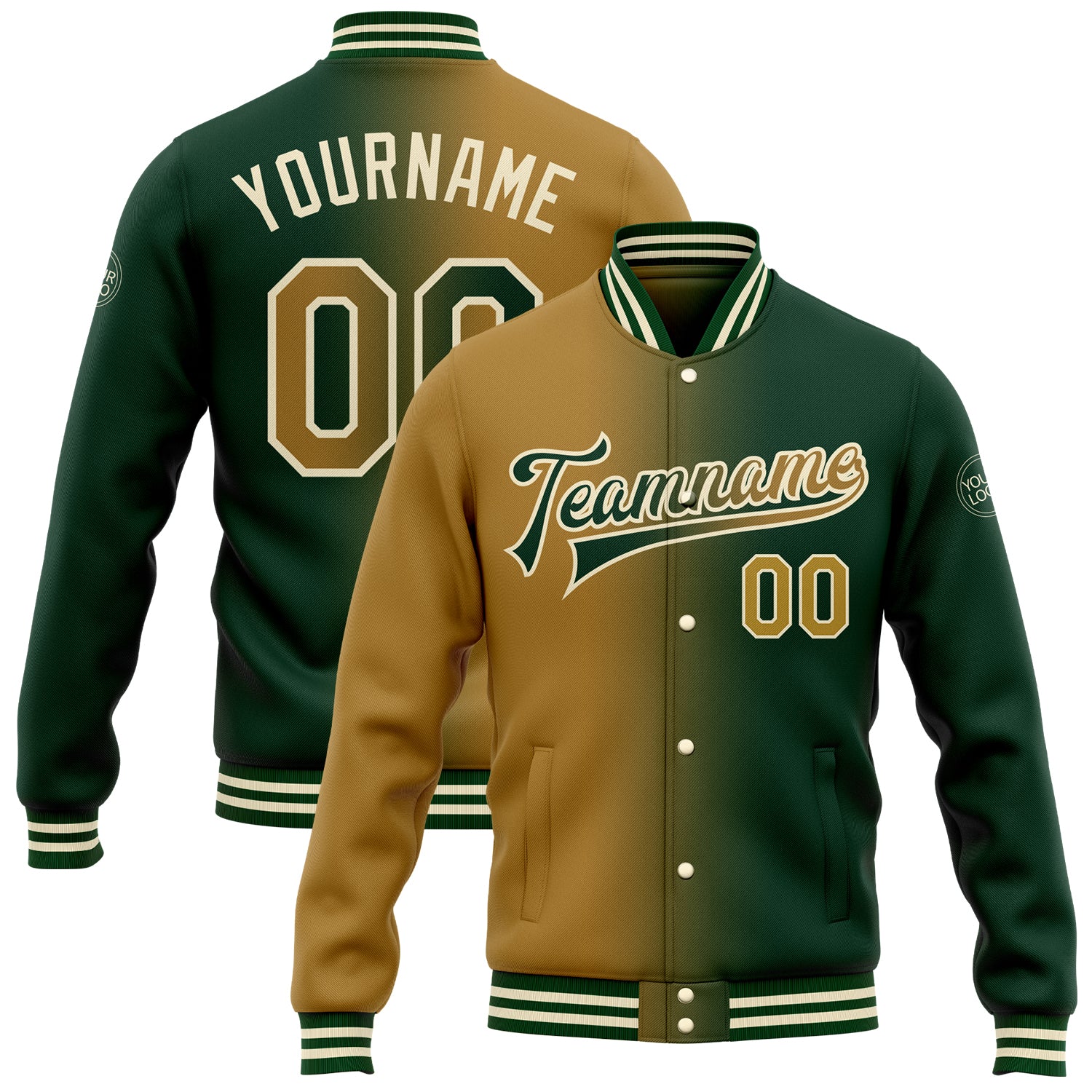 Custom Name Number Gradient Fashion Jacket Personalized Green Old Gold Cream Full-Snap Varsity Bomber Letterman Personalized