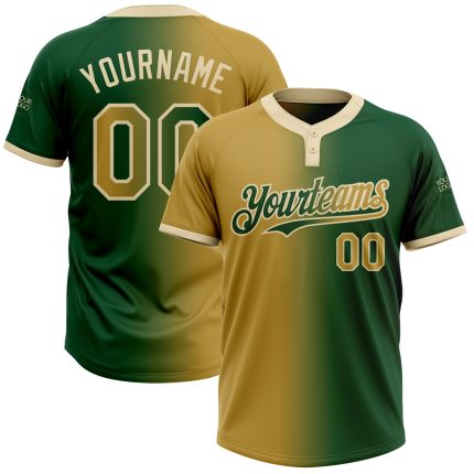 Custom Name Number Unisex Softball Jersey Green Old Gold-Cream Gradient Two-Button Fashion Team Apparel Personalized Green
