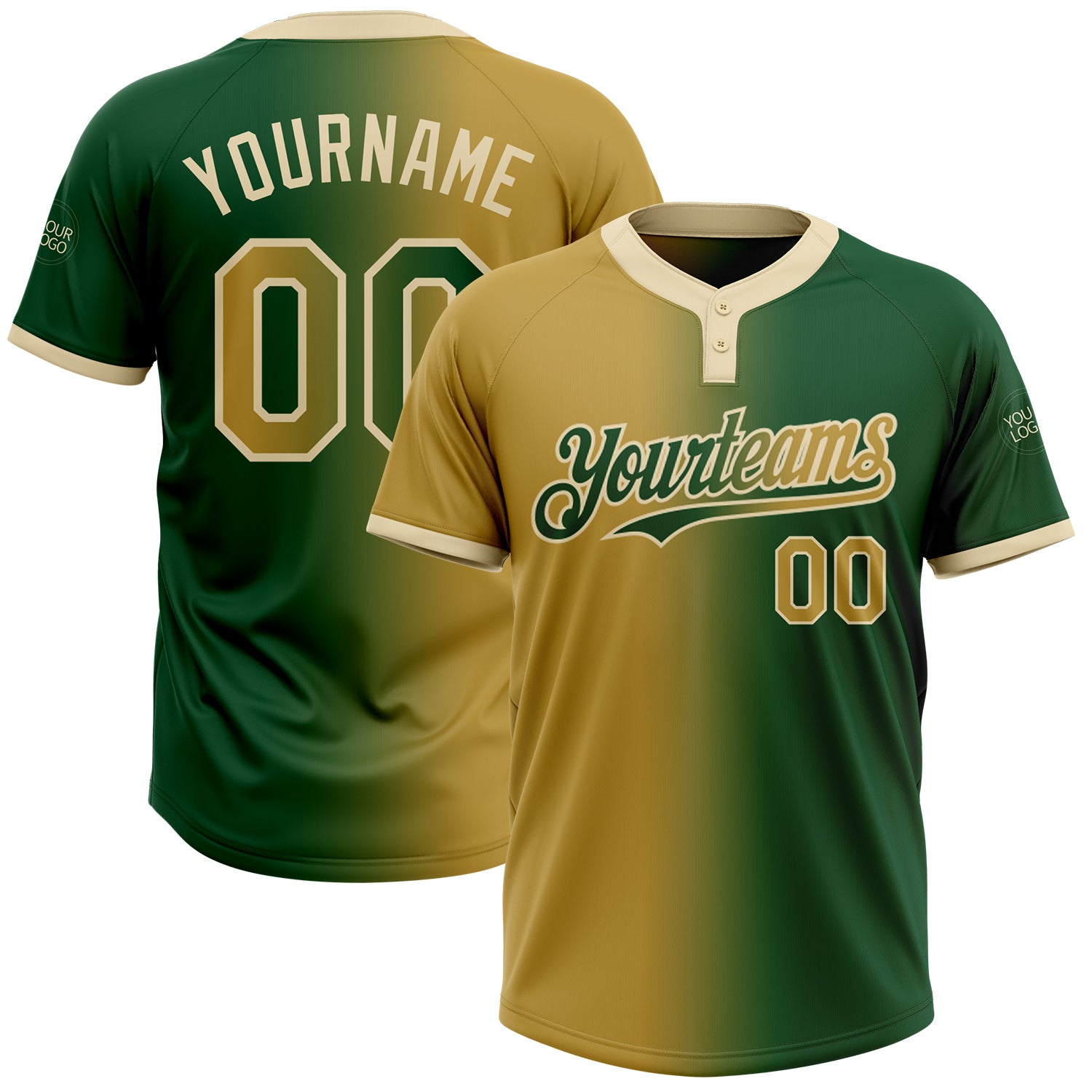 Custom Name Number Unisex Softball Jersey Green Old Gold-Cream Gradient Two-Button Fashion Team Apparel Personalized Green