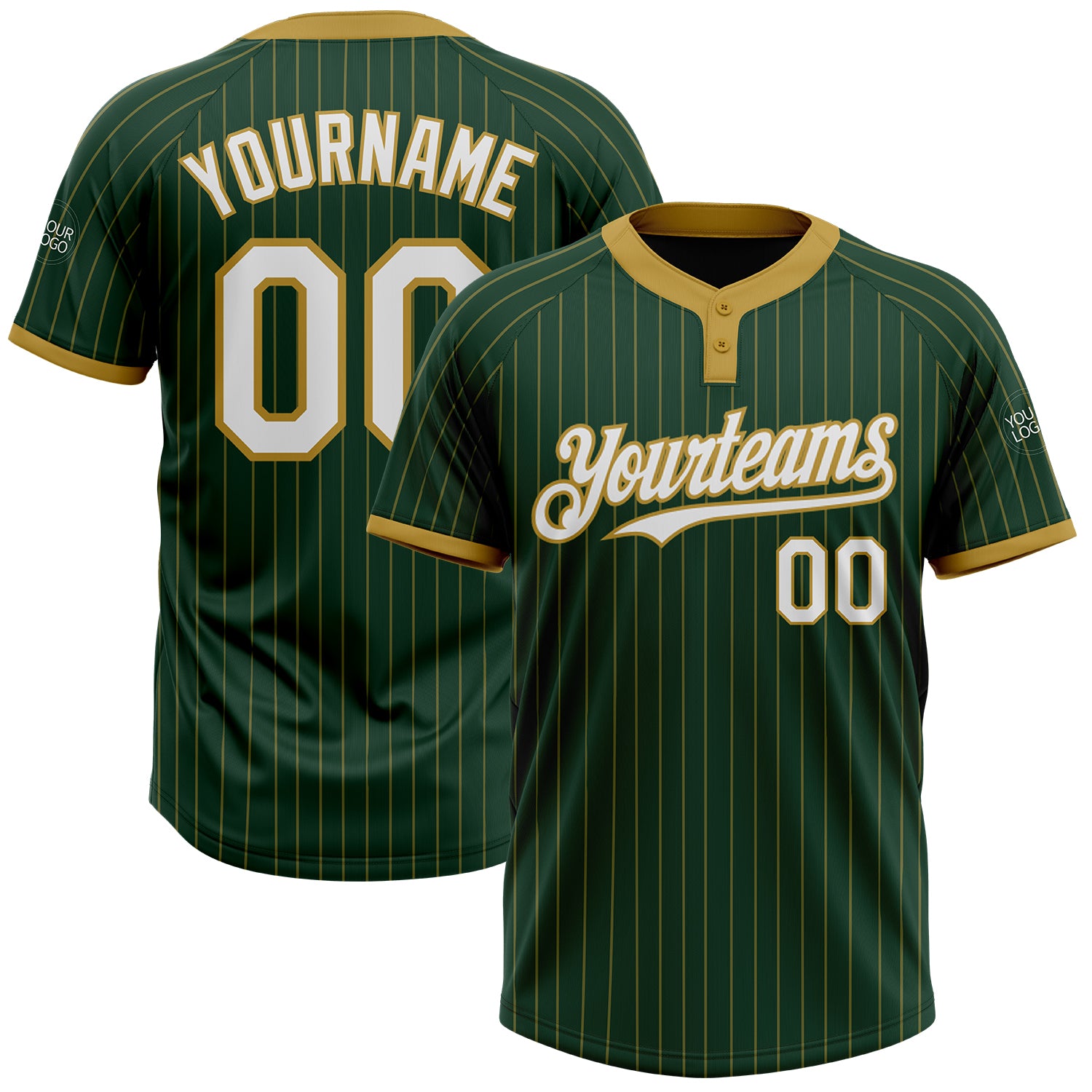 Customizable Unisex Softball Jersey with Personalized Name & Number - Green Old Gold Pinstripe Two-Button Design Personalized