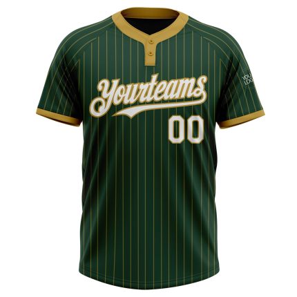 Customizable Unisex Softball Jersey with Personalized Name & Number - Green Old Gold Pinstripe Two-Button Design Personalized