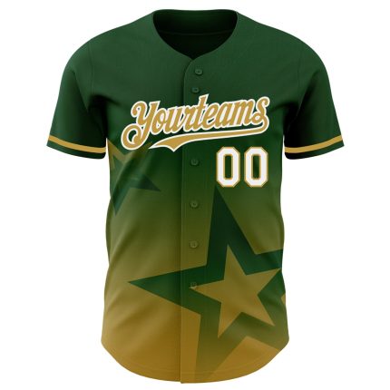 Custom Name & Number Authentic Baseball Jersey with Green Gold White 3D Twinkle Star Gradient Design Personalized Green Old
