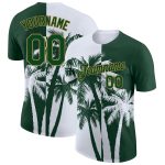 Personalized Hawaii Coconut Trees 3D Pattern Design Performance T-Shirt with Custom Name and Number in Green, Old Gold, and White