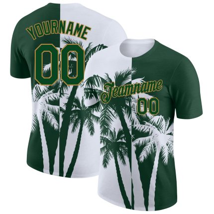 Personalized Hawaii Coconut Trees 3D Pattern Design Performance T-Shirt with Custom Name and Number in Green, Old Gold, and White