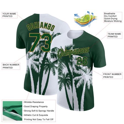 Personalized Hawaii Coconut Trees 3D Pattern Design Performance T-Shirt with Custom Name and Number in Green, Old Gold, and White