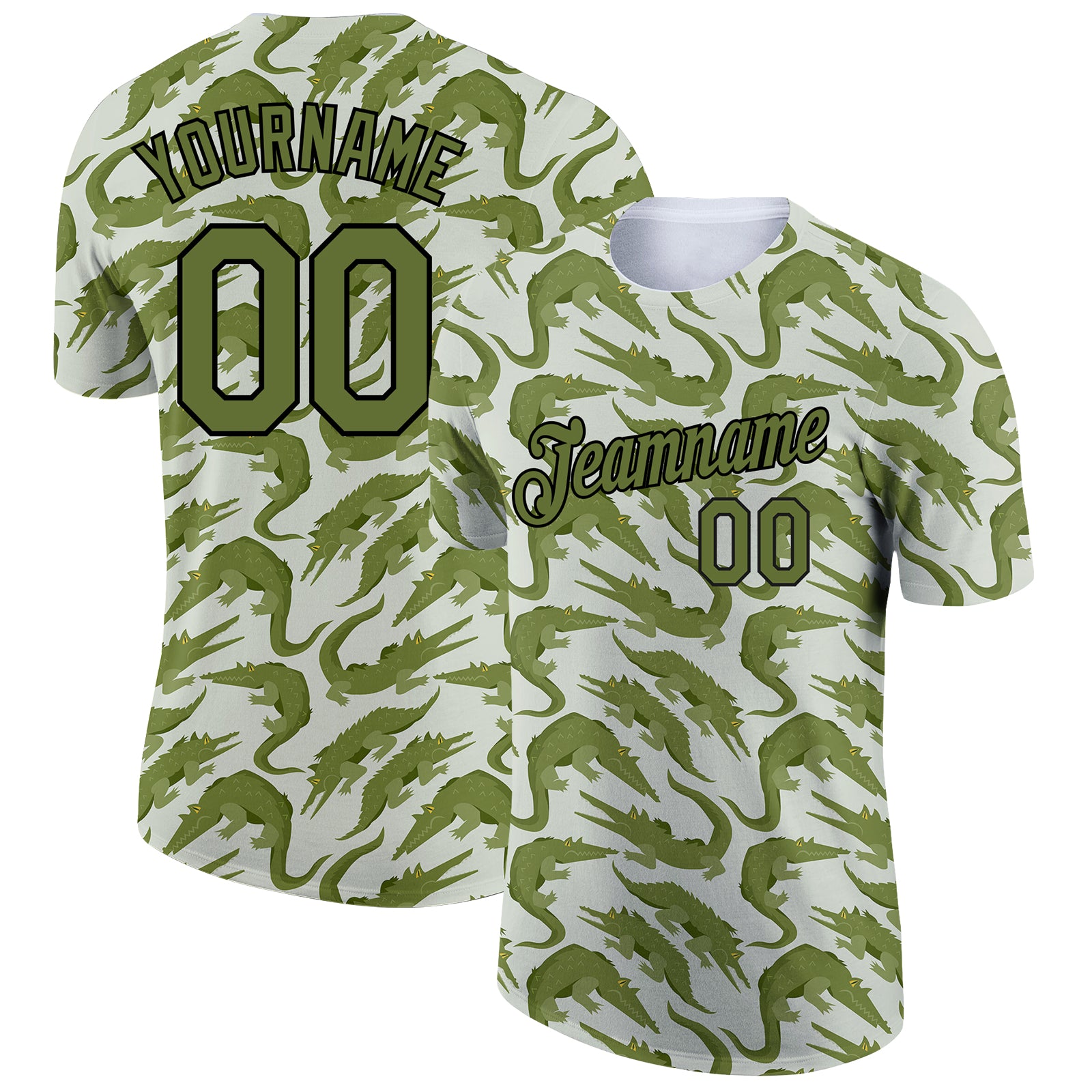 Custom Name and Number Crocodile Performance T-Shirt - Personalized Green Olive-Black 3D Pattern Design Personalized Green