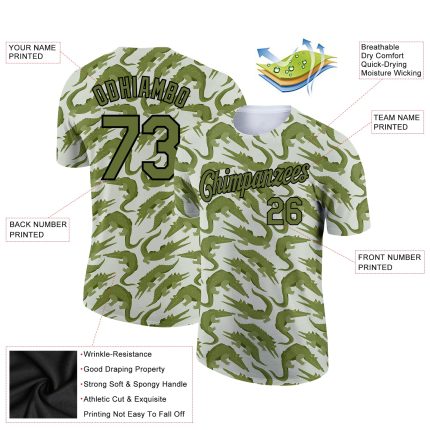 Custom Name and Number Crocodile Performance T-Shirt - Personalized Green Olive-Black 3D Pattern Design Personalized Green