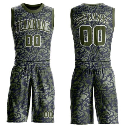 Custom Name and Number Basketball Jersey - Personalized Green Olive and Navy Round Neck Sublimation Suit Personalized Green