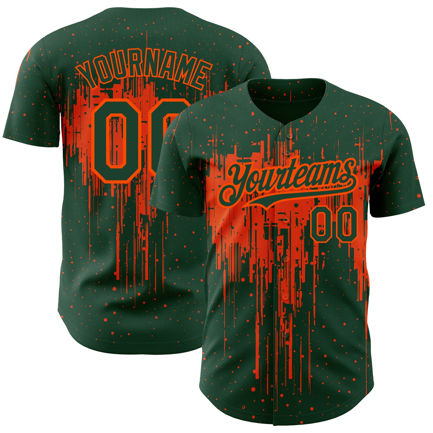 Custom Name and Number Authentic Baseball Jersey with Personalized Green Orange 3D Dripping Splatter Art Design Personalized