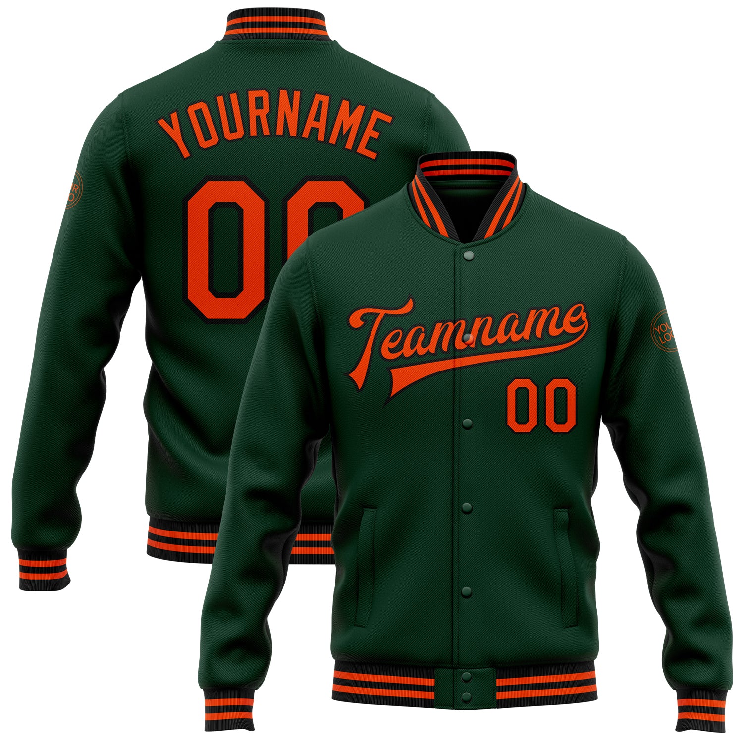 Custom Team Name Number Green Orange Black Varsity Letterman Bomber Jacket Personalized Full-Snap Personalized Green Orange-Black