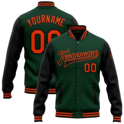 Personalized Two-Tone Varsity Letterman Bomber Jacket Green Black Orange Full-Snap Personalized Green Orange-Black Bomber