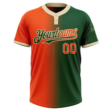 Custom Name and Number Unisex Softball Jersey in Green Orange-Cream Gradient - Personalized Two-Button Fashion Design Personalized