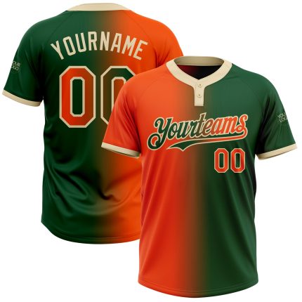 Custom Name and Number Unisex Softball Jersey in Green Orange-Cream Gradient - Personalized Two-Button Fashion Design Personalized