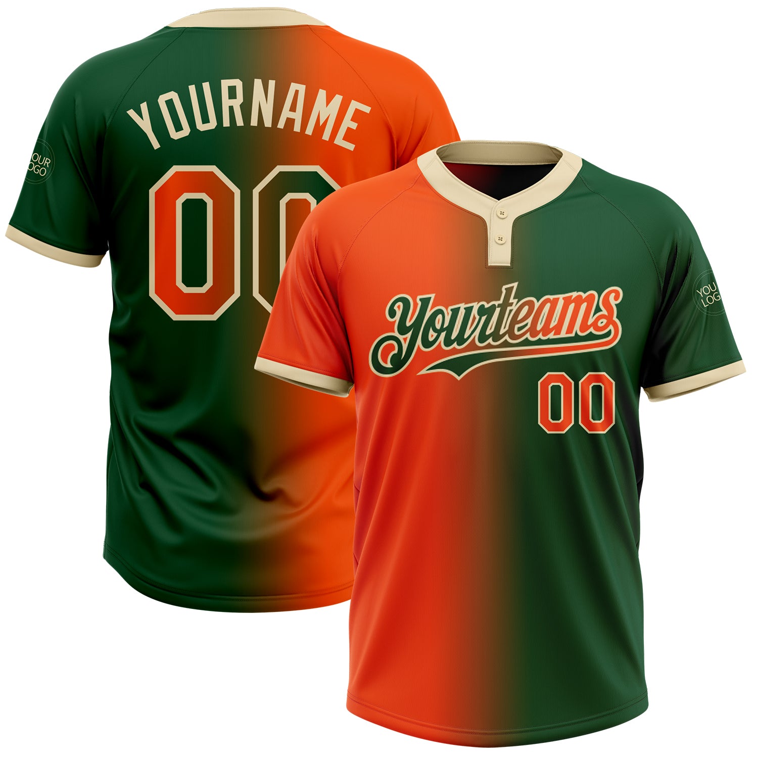 Custom Name and Number Unisex Softball Jersey in Green Orange-Cream Gradient - Personalized Two-Button Fashion Design Personalized