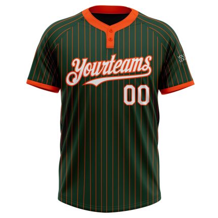 Custom Name and Number Personalized Softball Jersey - Unisex Green Orange Pinstripe Two-Button Design Personalized Green