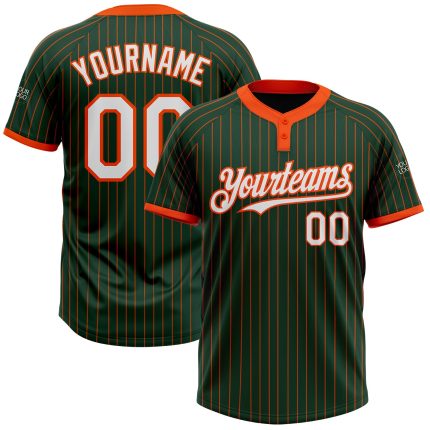 Custom Name and Number Personalized Softball Jersey - Unisex Green Orange Pinstripe Two-Button Design Personalized Green