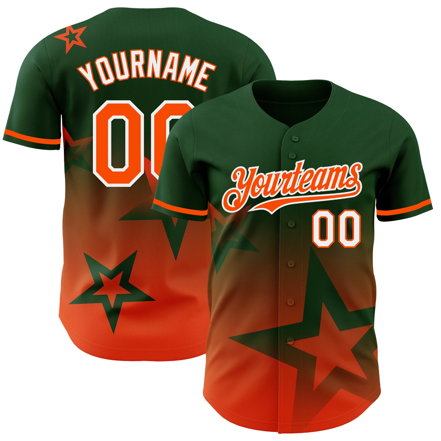Customizable 3D Gradient Twinkle Star Baseball Jersey with Personalized Name & Number - Green & Orange-White Design Personalized