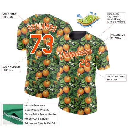 Personalized Citrus Fruit 3D Pattern Performance T-Shirt with Custom Name & Number - Green Orange-White Design Personalized