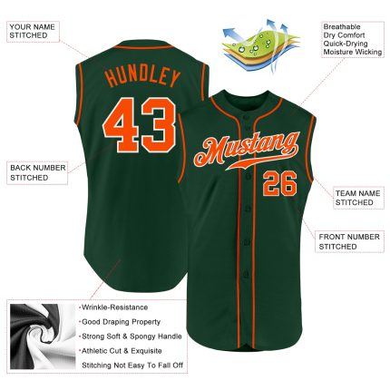 Custom Name and Number Authentic Sleeveless Baseball Jersey - Personalized Green Orange White Team Gear Personalized Green