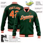 Custom Team Name Number Bomber Varsity Jacket Green Orange White Full-Snap Letterman Jacket Personalized Green Orange-White