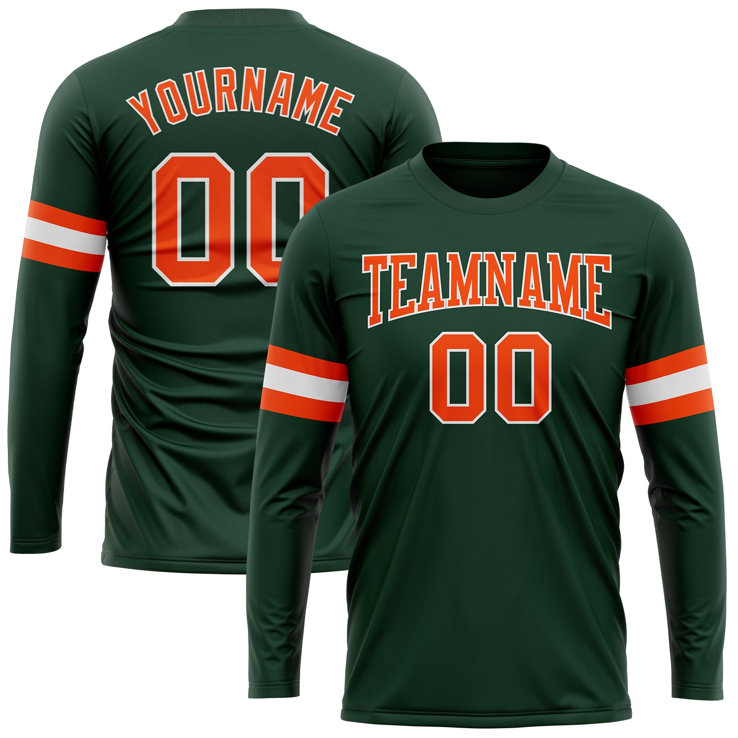 Custom Team Long Sleeve Performance T-Shirt - Personalized Green Orange-White with Name and Number Personalized Green Orange-White