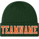 Custom Team Name and Number Knit Hat - Personalized Green Orange-White Cuffed Beanie Personalized Green Orange-White Stitched