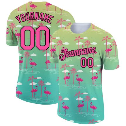 Personalized Hawaii Flamingo Performance T-Shirt with Custom Name & Number - Green Pink-Black 3D Pattern Design Personalized