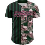 Custom Name and Number Authentic Baseball Jersey with Tropical Palm Leaves and Flamingo 3D Pattern in Green Pink-Black Personalized