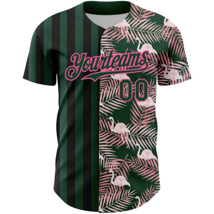 Custom Name and Number Authentic Baseball Jersey with Tropical Palm Leaves and Flamingo 3D Pattern in Green Pink-Black Personalized