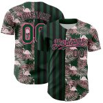 Custom Name and Number Authentic Baseball Jersey with Tropical Palm Leaves and Flamingo 3D Pattern in Green Pink-Black Personalized