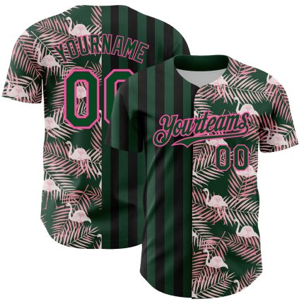 Custom Name and Number Authentic Baseball Jersey with Tropical Palm Leaves and Flamingo 3D Pattern in Green Pink-Black Personalized