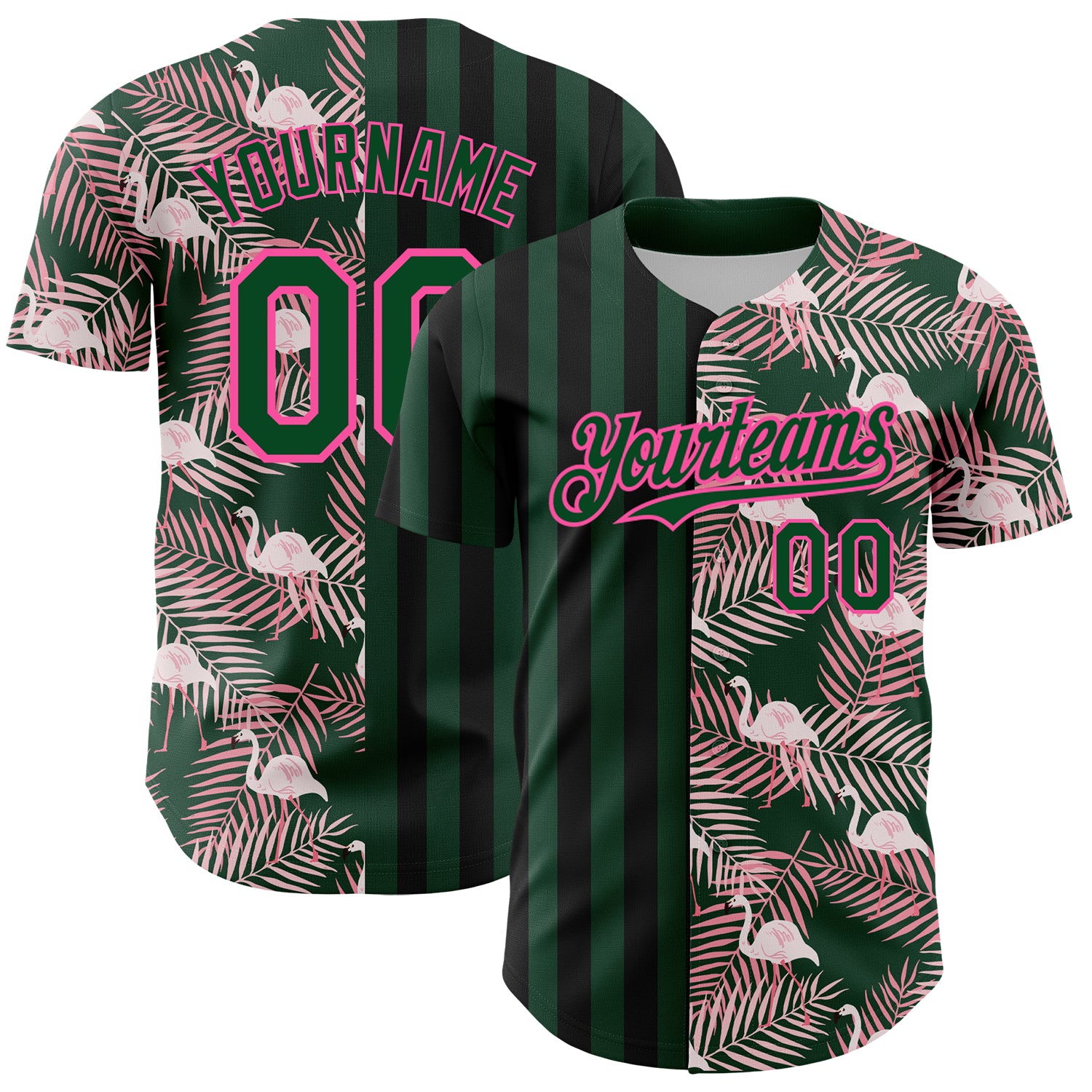 Custom Name and Number Authentic Baseball Jersey with Tropical Palm Leaves and Flamingo 3D Pattern in Green Pink-Black Personalized