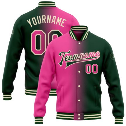 Custom Gradient Varsity Letterman Jacket with Name and Number - Personalized Pink-Cream Green Full-Snap Bomber Fashion Jacket