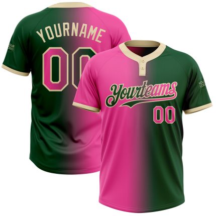 Custom Unisex Softball Jersey with Name and Number - Personalized Two-Button Fashion in Green Pink-Cream Gradient Personalized