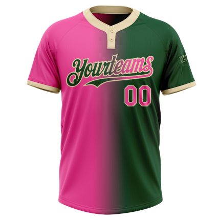 Custom Unisex Softball Jersey with Name and Number - Personalized Two-Button Fashion in Green Pink-Cream Gradient Personalized