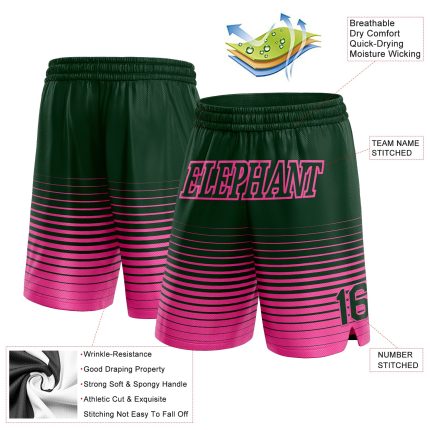 Custom Basketball Shorts with Personalized Name and Number, Green Pink Pinstripe Fade Fashion Design Personalized Green Pink