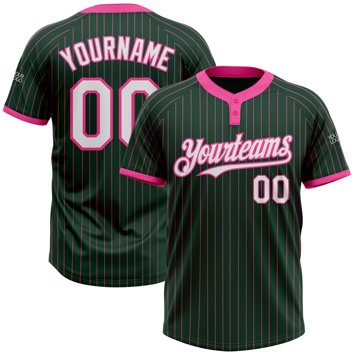 Custom Name and Number Unisex Softball Jersey - Personalized Two-Button Green Pink Pinstripe Design Personalized Green Pink